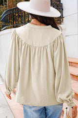 Lantern Sleeve Notched V Neck Ruched Blouse