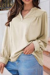 Lantern Sleeve Notched V Neck Ruched Blouse