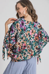 Umgee Full Size Floral V-Neck Tie Sleeve Blouse Plus Size