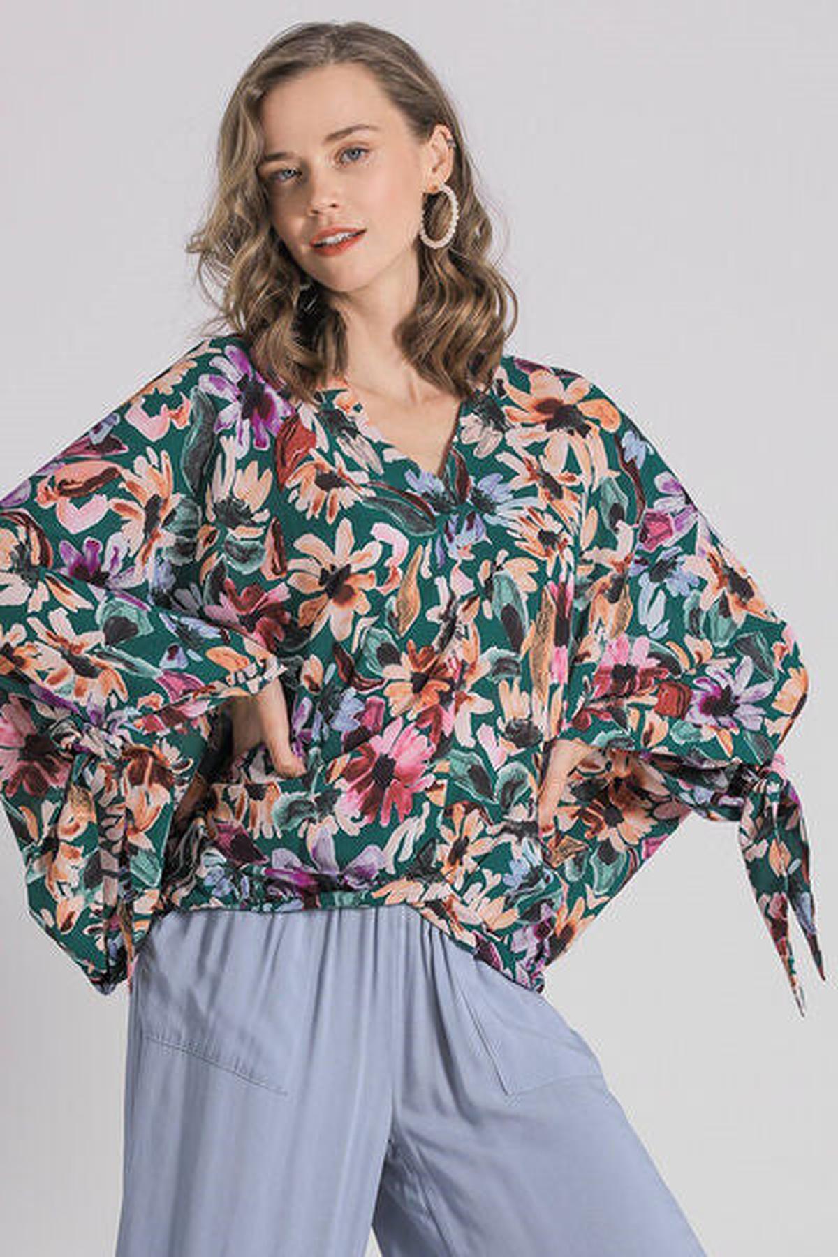 Umgee Full Size Floral V-Neck Tie Sleeve Blouse Plus Size